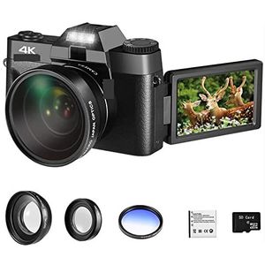 Videocamera, Groothoek Digitale Camera 4K Vlog Camcorder for Webcam Macro Lens 16X Zoom 48MP Selfie Recorder Flip screen(With 32GB TF card,With Lens Filter)