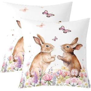 Kussenslopen met konijn 40 x 40 cm, set van 2 decoratieve kussenslopen met paasthema voor sofa, bed, stoel, auto, botanische bloemenprint, boerderijdier, outdoor kussenslopen