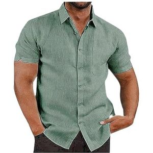 Katoenen Linnen Herenoverhemd, Korte Mouwen, Normale Pasvorm, Strand-casual Overhemd, Zomeroverhemden Met Zak(Green,4XL)