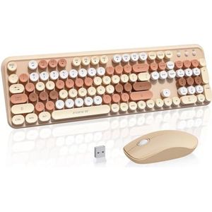 FOPETT 2,4 GHz draadloos toetsenbord en muis set met schakelknop - toetsenbord op volledige grootte - compatibel voor Windows/laptop/pc/notebook/smart-tv en meer - melkthee kleurrijk
