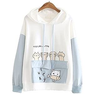 Mfacl schattige hoodies sweatshirt trui Kawaii Hoodie Trui Meisje Student Dunne Lente en Herfst Koreaanse Losse Kleur Bijpassende Leuke Hooded Oren Japanse Girly Jurk (Color : Blue, Size : S)