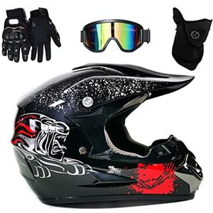 UIGJIOG Zwarte Print Crossmotorhelm Voor Kinderen, Full Face Motorhelmen Voor Kinderen Mountainbike Helm Full Face Met Bril Helmset Inclusief 4 Maataccessoires,zwart