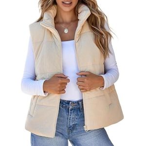 Donzen Vest Gilet Damesjas Vest Mouwloze Trui Lichtgewicht Casual Winterwarme Jas Gewatteerd Vest(Beige,M)