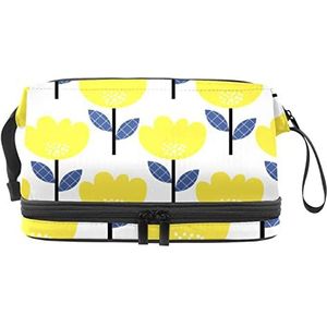Multifunctionele opslag reizen cosmetische tas met handvat, gele bloem geruite achtergrond, grote capaciteit reizen cosmetische tas, Meerkleurig, 27x15x14 cm/10.6x5.9x5.5 in