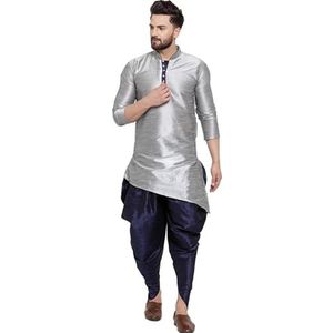 Lakkar Haveli Mannen Pakistaanse traditionele zilveren shirt Kurta Trail Cut bruiloft party wear Blue Dhoti Pant Set Zijde, zilver, 7XL