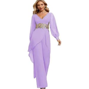 ORBITRAY Jumpsuit voor dames, voor moeder van de bruid, broekpak, V-hals, chiffon, avondjurk met gouden applicaties, Lila, 20