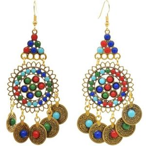Vintage kleurrijke acryl kralen munten kwastje oorbellen Gypsy Tribal Turkse etnische jurk Indiase oor sieraden (Color : Gold_One size)
