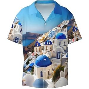 OdDdot Santorini Grieks eiland zeezicht print herenoverhemden atletisch slim fit korte mouw casual zakelijk overhemd met knopen, Zwart, M