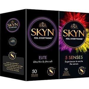 SKYN Elite (50 Pak) & 5 Senses Condooms (10 Pak) | Skynfeel Latexvrije condooms voor mannen, zeer delicaat, extra dun & extra zacht condoomdoosje, gevoelig, condooms 53 mm breed