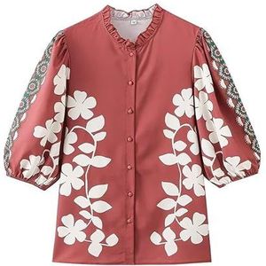 kekafu Vintage Elegante Borduurwerk Blouses Voor Vrouwen Dressy Casual 2024 Lady Button Down Shirts 3/4 Lengte Mouw Womens Tops, Baksteen Rood L, L