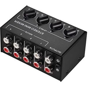 Mini stereo audiomixer met 4-kanaals RCA-ingangen Afzonderlijke volumeregelaars Volledig metalen omhulsel