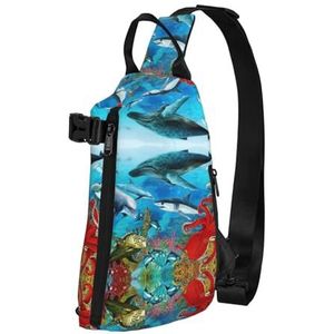 Eiffeltoren Liefde Parijs Print Borst Tas Sling Bag Crossbody Rugzak Schoudertas, Voor Reizen Wandelen Fietsen Camping, Dolfijnen Zeeschildpad Haai Octopus Koraal Reef, Eén maat