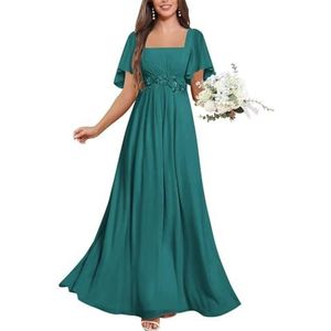KIYNE Chiffon bruidsmeisjesjurken met mouwen kanten applicatie A-lijn vierkante hals formele avondjurk, Turkoois, 32