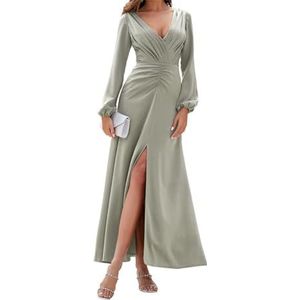 Bruidsmeisjesjurk met lange mouwen en split, V-hals, galajurk, geplooide bruiloftsjurk, Salie, 32