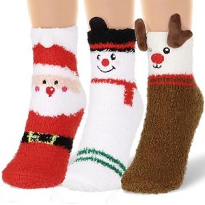 BETESSIN 3 paar kerstsokken, pluizige fluwelen sokken, winter, thermische geschenken, bedsokken, rendier, kerstman, sneeuwpop, voor vrouwen en kinderen, Meerkleurig