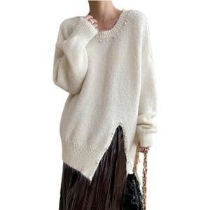LoprNsdgt Dames Ronde Hals Trui Met Rivet Pareldecoratie En Gespleten Zoom Wintermode Gebreide Pullover,Beige,One Size