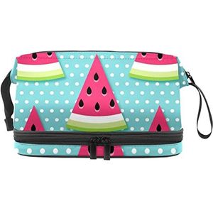Dubbellaags Cosmetische Tas Watermeloen Plakjes Dot Blauw Wit Draagbare Make-up Tas Reizen Organizer Pouch voor Vrouwen Meisjes Toiletartikelen Tassen, Meerkleurig, 27x15x14 cm/10.6x5.9x5.5 in, Make-up zakje