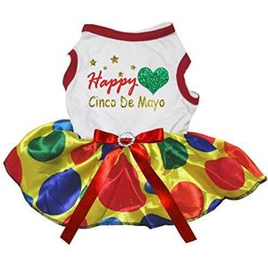 Petitebelle Happy Cinco De Mayo Hart Shirt Tutu Puppy Kleding Jurk, Medium, White/Rainbow Dots