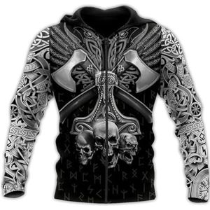 Viking Skull Axe hoodie Voor Heren - Middeleeuwse 3D All-over Bedrukte Thor Hammer Totem Hiphop-punk Pullover sweatshirt - IJslands Vrijetijdsjack met Lange Mouwen en Trekkoord (Color : Zip Hoodie,