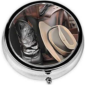 Cowboy Black Hat Western Bootspill Box, ronde pillendoos, 3 compartimenten pillendoos, voor portemonnee of zak, draagbare pillendoos voor op reis