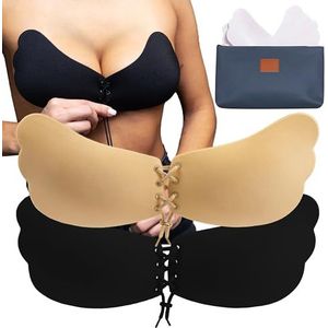 ILLURE® Zelfklevende Beha [verpakking van 2] Strapless, onzichtbare, herbruikbare push-up beha | Zwart en beige