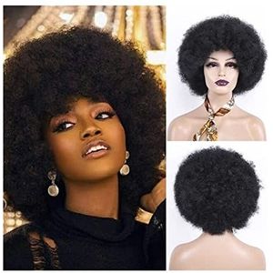 Natuurlijk Haar Jaren '70 Afro-pruiken Voor Zwarte Vrouwen, Zwarte Bouncy Pluizige Korte Krullende Afro-pruik Cosplay Pruik Kostuum