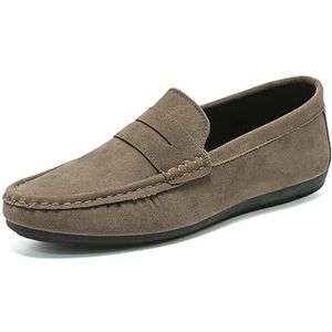 Herenloafers Suede Vamp Moe-Toe Penny Loafers Stiksels Details Comfortabel Antislip Antislip Casual Slip-on (Color : Khaki, Size : 42 EU)