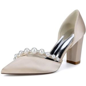 KYEGLO Damesmodieuze Instapschoenen Met Spitse Neus En Dikke Hakken Met Parel - Satijnen Bruidsmeisjesschoenen Met Gesloten Neus Voor Feestjes, Bruiloften, Cadeaus Voor Vrouwen,Champagne,36 EU