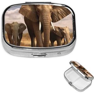 Kleine pillendoos 2 compartimenten, olifantenfamilie pillendoos dagelijkse metalen draagbare pillenorganizer voor zakportemonnee, reispillendoos met spiegel, vierkant, geneeskunde, vitaminehouder