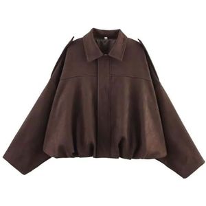 RVUEM Women's Faux Suede Bomber Jacket, Oversized Pilot Coats, Fall Lapel Zip Up Motorcycle Streetwear Outerwear, Long Sleeves Jacket,Koffie,L