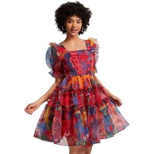 jurken voor dames Organza-jurk met bloemenprint en vierkante hals, pofmouwen en ruches (Color : Multicolore, Size : M)