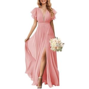 KURFACE Flutter mouw V-hals chiffon bruidsmeisjes jurken voor vrouwen met split ruches lange formele jurk avondjurk, Stoffige Roos, 32