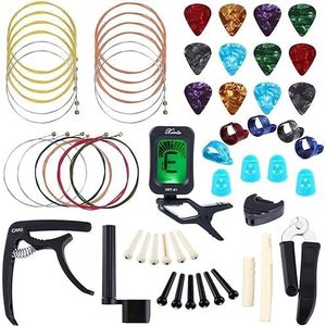 Auihiay 58 stuks gitaar accessoires kit inclusief gitaar snaren, plectrums, capo, duim vinger picks, string winder, brug pins, pin trekker, pick houder, vinger beschermen