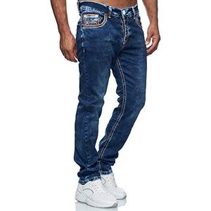 Baxboy Heren jeansbroek dikke naad rechte pasvorm denim neon naad stone washed stretch jeans broek, 20897-1 Oranje, 33W / 32L