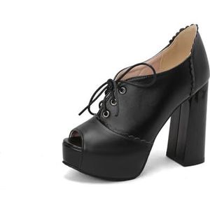 WOkismD 12 cm open teen dikke hak grote maat damesschoenen met hoge hakken sandalen met veters, Zwart, 39 EU