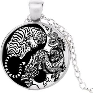 Vintage Art Yin Yang Dradon En Tijger Ketting Hanger Kolye Cabochon Zwart Lange Ketting Verklaring Ketting Voor Jongens, Glas