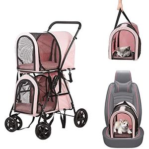 WSNDG 3-in-1 dubbele kinderwagen voor huisdieren, 2 hondenzakken, 2 autostoelen voor katten, opvouwbare en afneembare jogging-hond en kattenstationwagen, all-in-one, roze