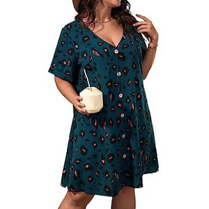 voor vrouwen jurk Plus T-shirtjurk met volledige print aan de voorkant en knopen aan de voorkant (Color : Teal Blue, Size : 3XL)