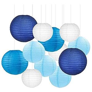 Papieren lantaarns, hangende papieren lantaarns, 10 stuks, gemengd formaat, goud, wit, papier, lantaarns, bal-lampioen voor feest, bruiloft, verjaardag, decoratie (blauw)