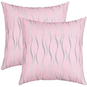 Set van 2 kussenslopen roze en zilver glitter gestreepte streep lijn geometrische streep lijn vierkante kussensloop met onzichtbare rits sofa kussensloop, voor terras, bar, binnen, 45 x 45 cm