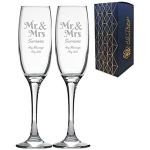 Gepersonaliseerde gegraveerde bruiloft champagne glas set met heer en mevrouw, elk bericht en elke datum, twee 7 oz/207 ml aangepaste champagneglazen, gegraveerd in het VK