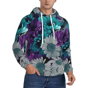 JEJEA Paars en groenblauw bloemenprint heren sweatshirt capuchon trekkoord hoodies trui lange mouwen trui voor dagelijks gebruik, Zwart, S