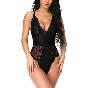 EVELIFE Dames Sexy Teddy Lingerie Een Stuk Kanten Babydoll Diepe v-Hals Bodysuit, Zwart S