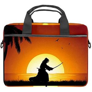 Cartoon Zee Haaien Patroon Blauw Laptop Schouder Messenger Bag Crossbody Aktetas Messenger Sleeve voor 13 13.3 14.5 Inch Laptop Tablet Beschermen Tote Bag Case, Kendo Silhouette Strand, 11x14.5x1.2in /28x36.8x3 cm