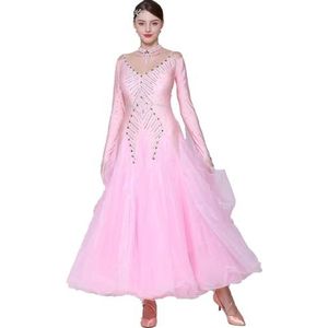 Roze,3XL,Hynyjxjy Ballroom Dansjurken Met V-Hals Voor Dames Wals Danskleding Met Lange Mouwen Nationale Standaard Dansoutfit Zonder Rug Flamenco Danskleding Met Strass