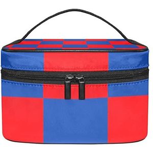 Checker Board Rood Blauw Patroon Make-up Organizer Bag, Reizen Make-up Tas Organizer Case Draagbare Cosmetische Tas voor Vrouwen en Meisjes Toiletartikelen, Meerkleurig, 22.5x15x13.8cm/8.9x5.9x5.4in