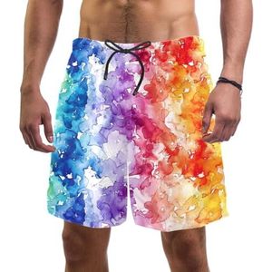 Mannen Board Shorts, Kleurrijke Regenboog Aquarel Sneldrogende Badmode Strand Vakantie Party Bermuda Zwemmen Grote Broek, Kleurrijke Regenboog Aquarel, L