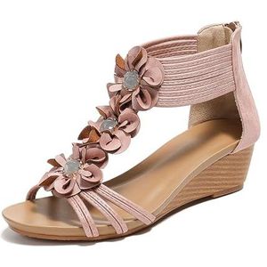 Wedgesandalen Voor Dames 2 Inch Bohemia Flower Open Toe Sandalen Retro Etnische Stijl Casual Zomer Ademend Strand Sandalen(Pink,42 EU)