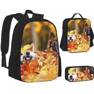 BTCOWZRV 3 Pack Canvas Herfst Achtergrond met Honden Rugzak, Schoudertas voor Vrouwen Mannen, met Lunchbox Potlood Case