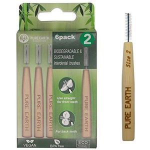 Pure Earth Essentials Bamboe interdentale borstels - biologisch afbreekbare interdentale borstel - organisch handvat met zachte haren voor diepe reiniging tussen tanden en tandvlees (6 stuks, maat 2,